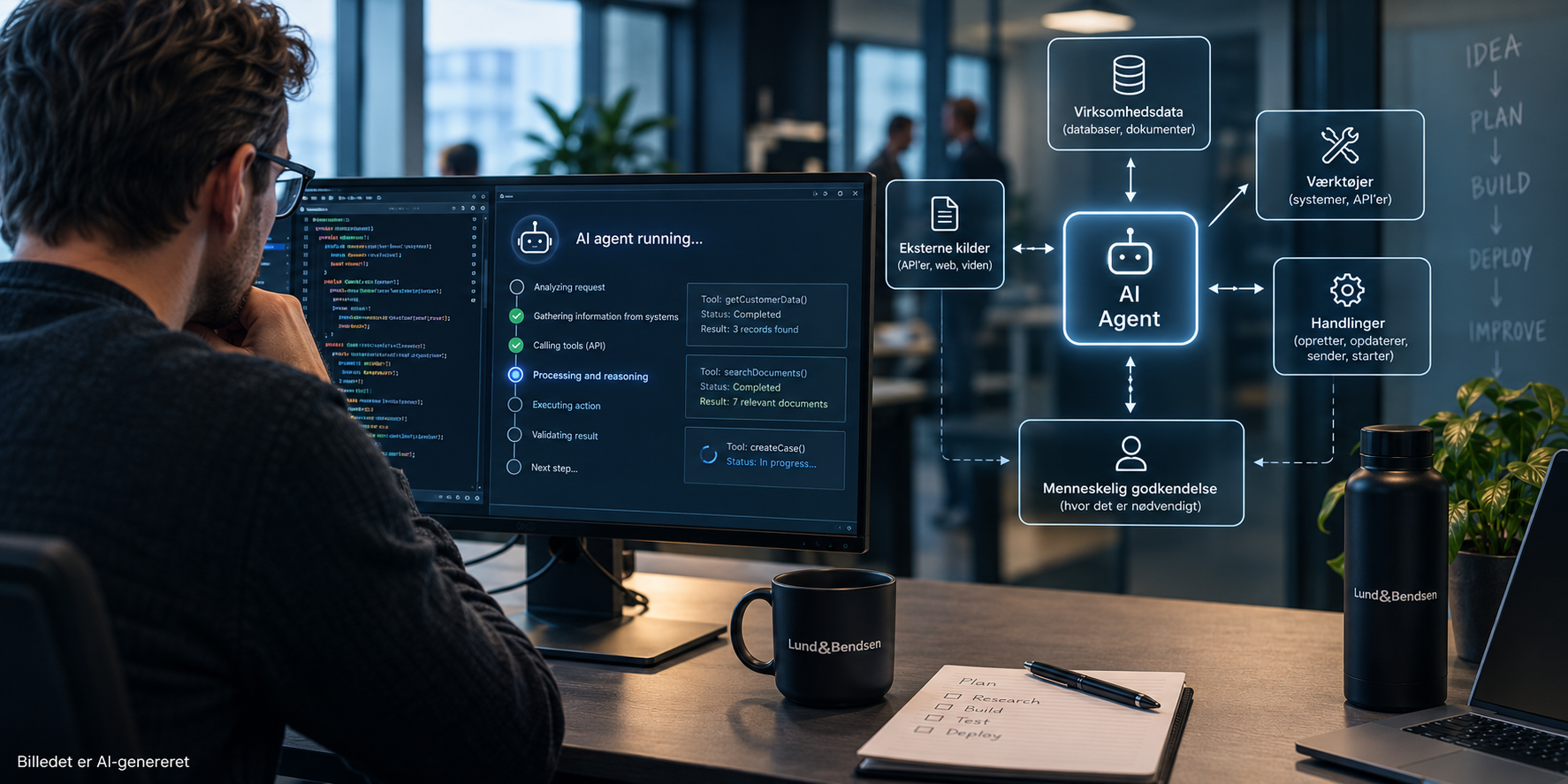 Agentic AI-arkitektur med AI-agent, virksomhedsdata, værktøjer og menneskelig godkendelse